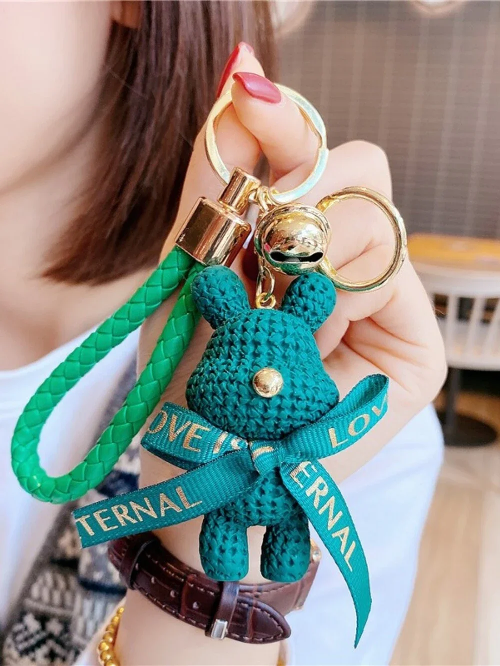 Teal Crochet Bear Keychain with Gold Hardware